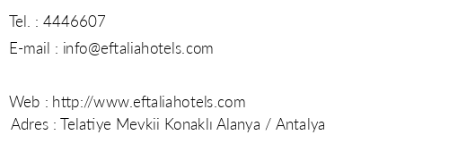 Eftalia Resort Hotel telefon numaralar, faks, e-mail, posta adresi ve iletiim bilgileri